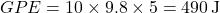 \[ GPE = 10 \times 9.8 \times 5 = 490 \, \text{J} \]
