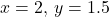 \[ x = 2, \, y = 1.5 \]